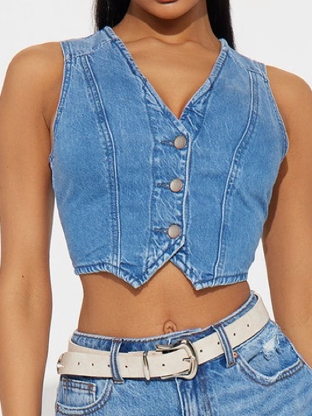 Fashion Nova Denim V-Neck Cropped Button Vest